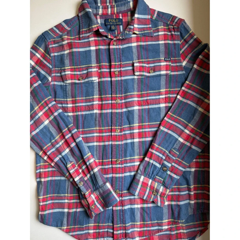 Polo Ralph Lauren Boys Flannel Shirt Plaid Button Down Blue Red Large 14-16